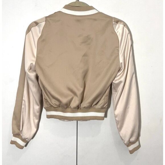 Maje Bomber Jacket Womens 36 Satin Embroidered Beige Preppy Academia - Picture 3 of 11